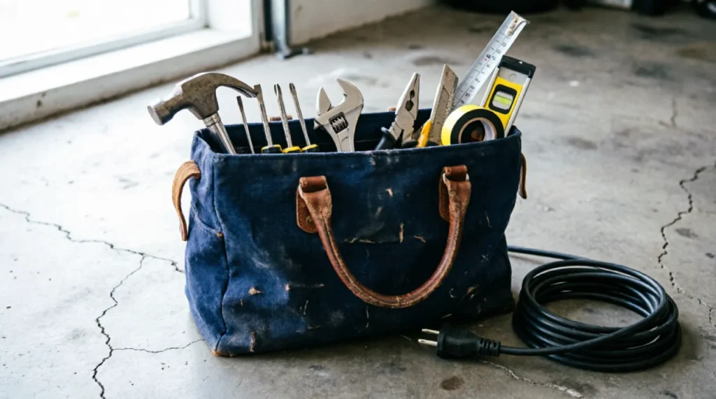 Canvas tool bag filled with basic home repair tools, sitting on a garage floor.