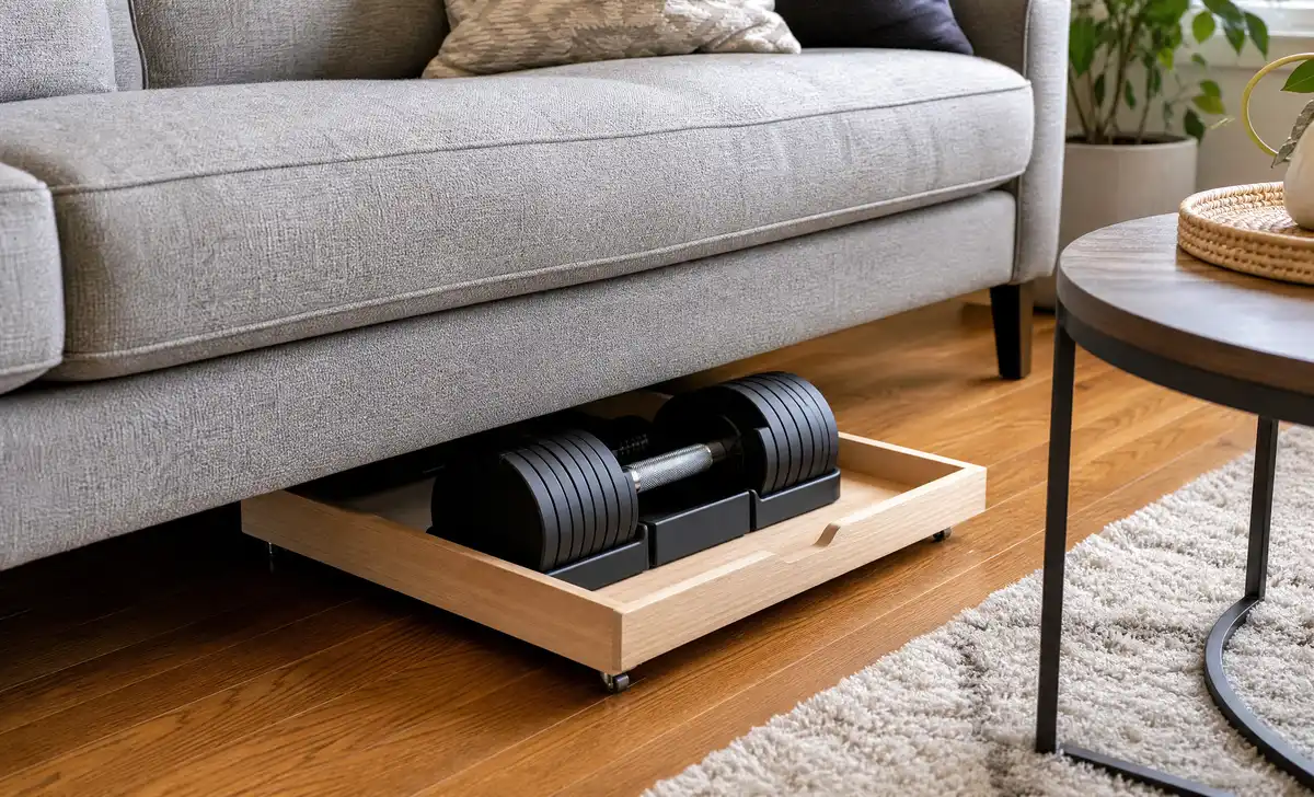 Adjustable dumbbell neatly stored on a sliding platform under a living room sofa, demonstrating a discrete, space-saving storage solution.
