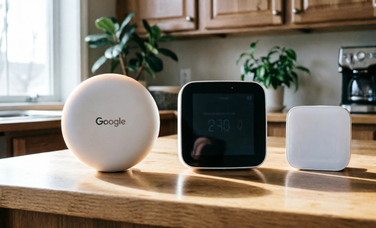 Three smart thermostats for families side by side on a kitchen counter — Ecobee, Google Nest, and Amazon Smart Thermostat comparison