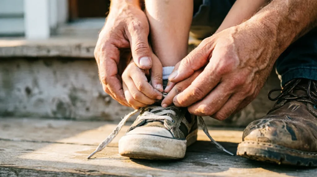 Dad helping child tie shoelaces — example of the daily involvement courts look for in a 50/50 custody case