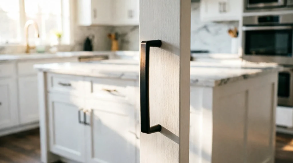 New matte black pull installed on a white kitchen cabinet door in a bright, modern kitchen.