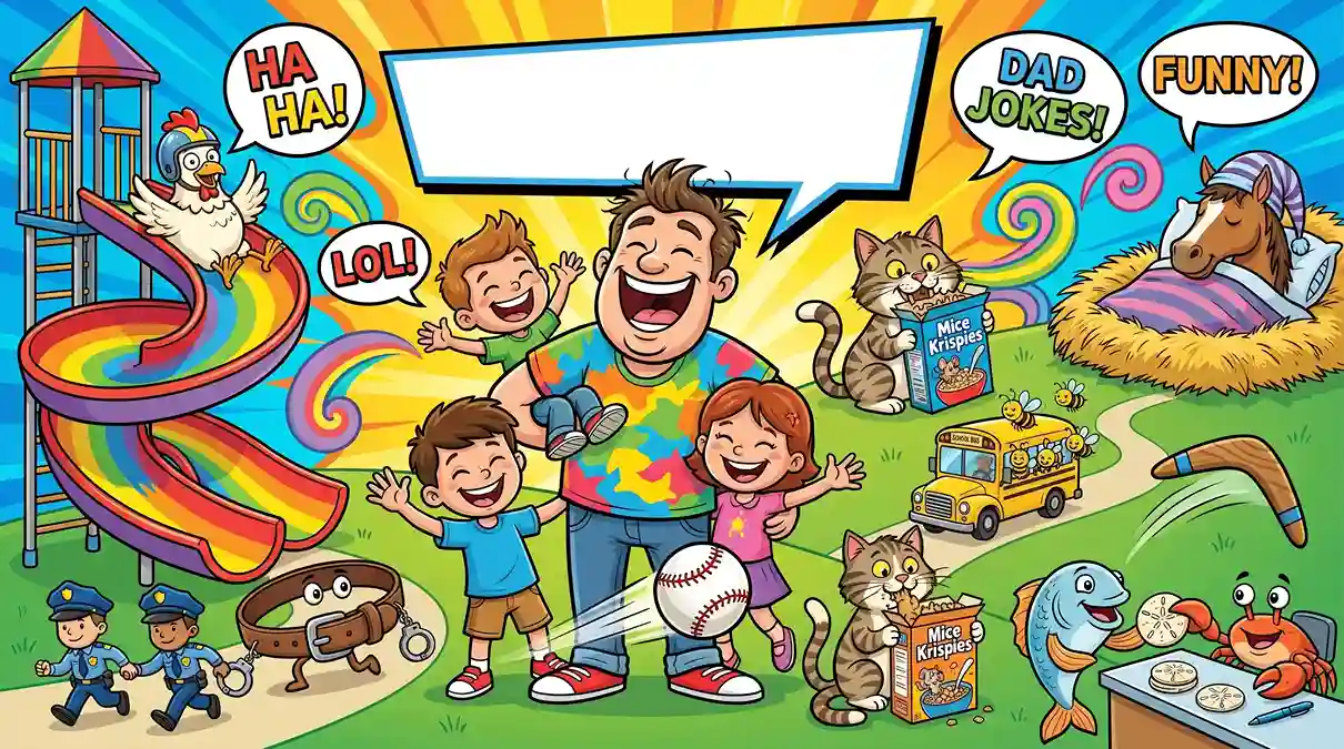 Colorful cartoon banner featuring fresh 2026 dad jokes with a Batman office worker, singing sheep, electric car, self-driving car asking for directions, dancing bread slices, and other modern comedy scenes.