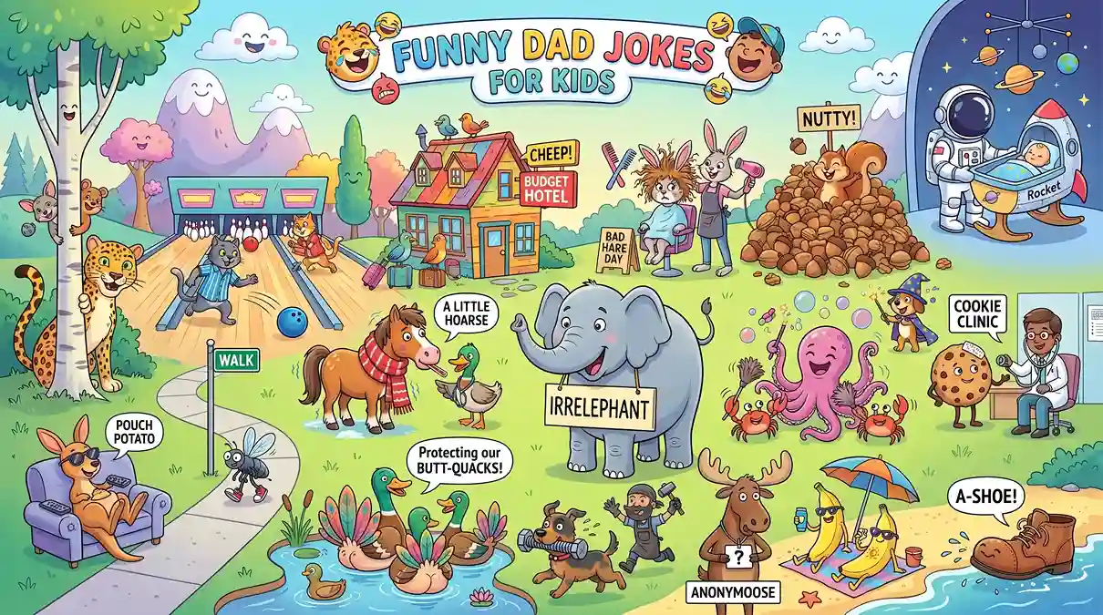 Colorful cartoon banner featuring kid-friendly dad jokes with a spotted leopard, a baby kangaroo couch potato, bowling alley cats, a magic dog, a squirrel with nuts, and other funny animal joke scenes.