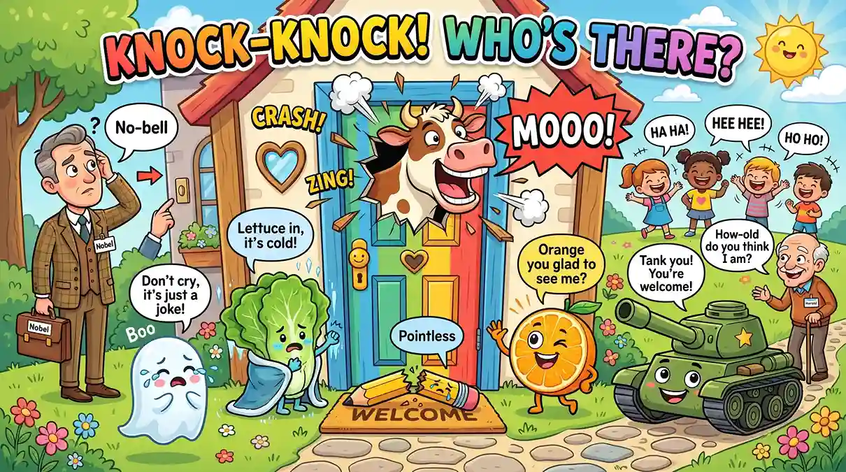 Colorful cartoon banner featuring classic knock-knock jokes with a cow interrupting at a door, a broken pencil, lettuce knocking, an orange, a tank, a crying ghost, and other kid-friendly comedy characters.
