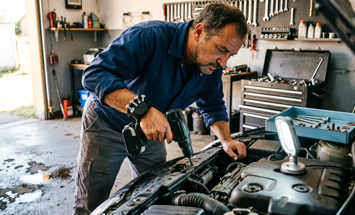Dad using magnetic work light and screwdriver, practical tech gifts for dads under $50 in a garage