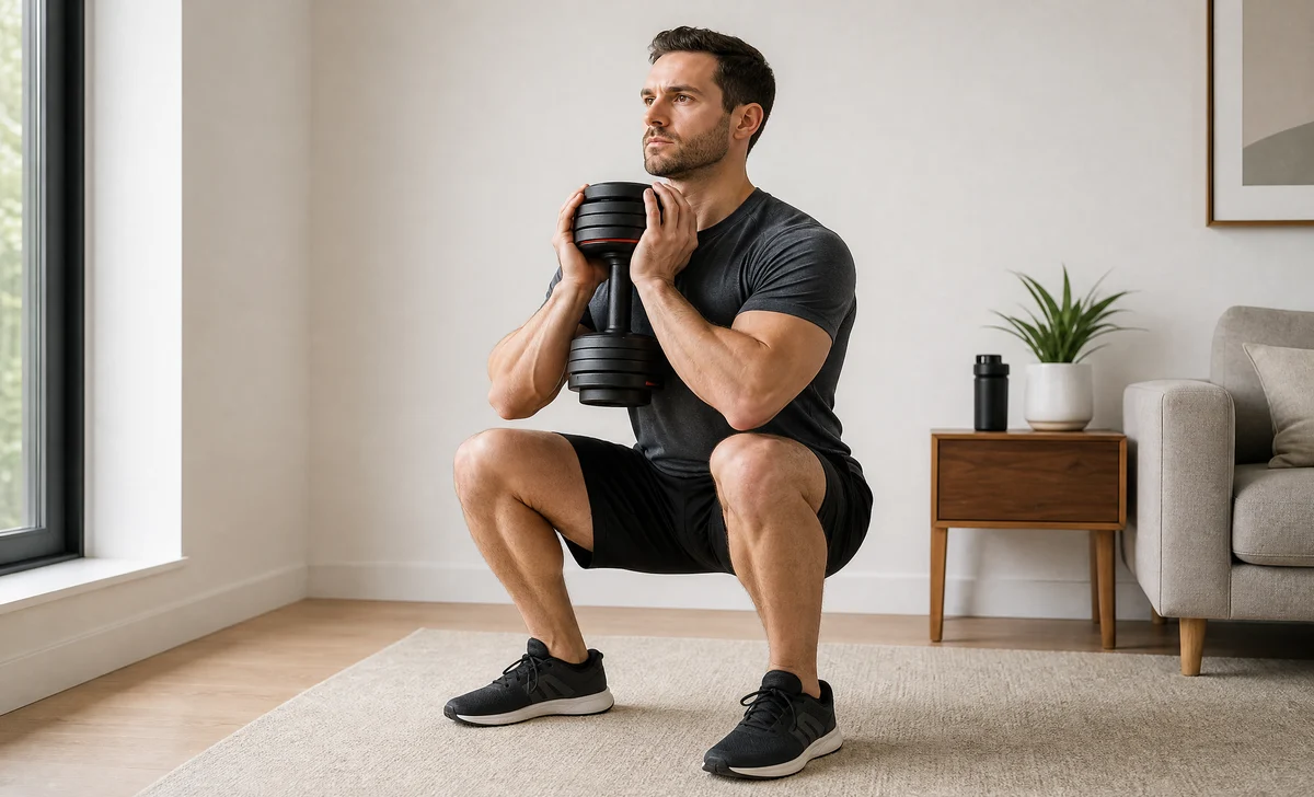 Correct form demonstration of a goblet squat exercise with an adjustable dumbbell, showing upright posture and proper depth for a home workout.
