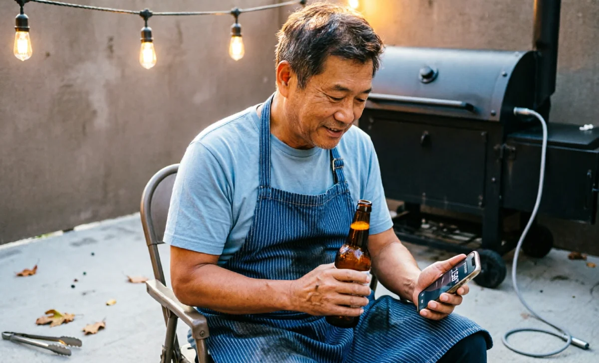 Dad using wireless meat thermometer from a list of practical tech gifts for dads under $50