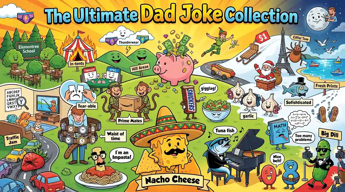 Colorful cartoon banner featuring groan-worthy dad joke puns with nacho cheese, an impasta noodle, monkey prime mates, thunderwear clouds, a fish in a bowtie, and other hilarious wordplay scenes.