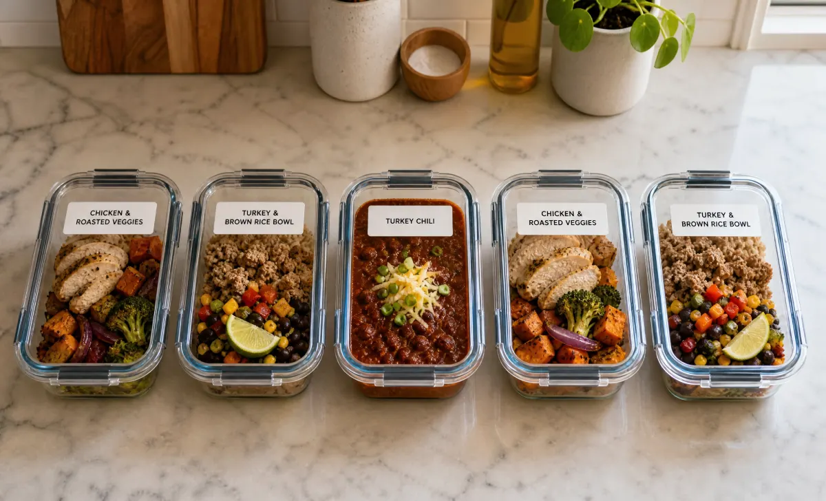 Five glass meal prep containers filled with healthy portioned meals including chicken, rice bowls, and turkey chili, ready for the week