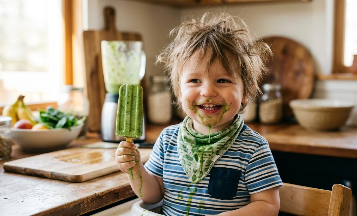 A toddler happily eating a green smoothie popsicle, unaware it contains spinach, funny dad parenting moment.
