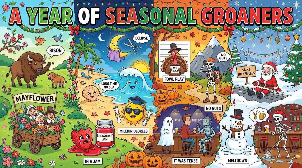 Festive cartoon banner featuring holiday and seasonal dad jokes with Santa Claus, a melting snowman, penguins building igloos, skeletons, Christmas trees, a turkey under investigation, and other seasonal comedy scenes.
