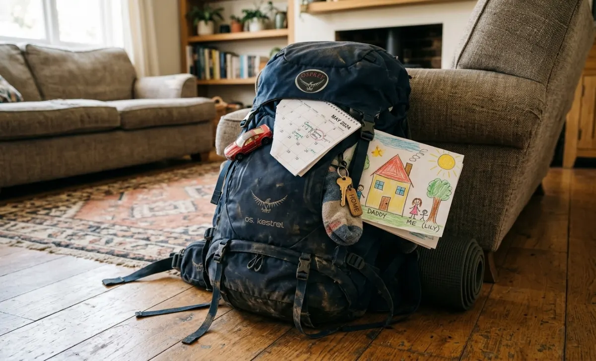 An open hiking backpack on a living room floor with family items like a toy car and calendar inside, representing dad mental load