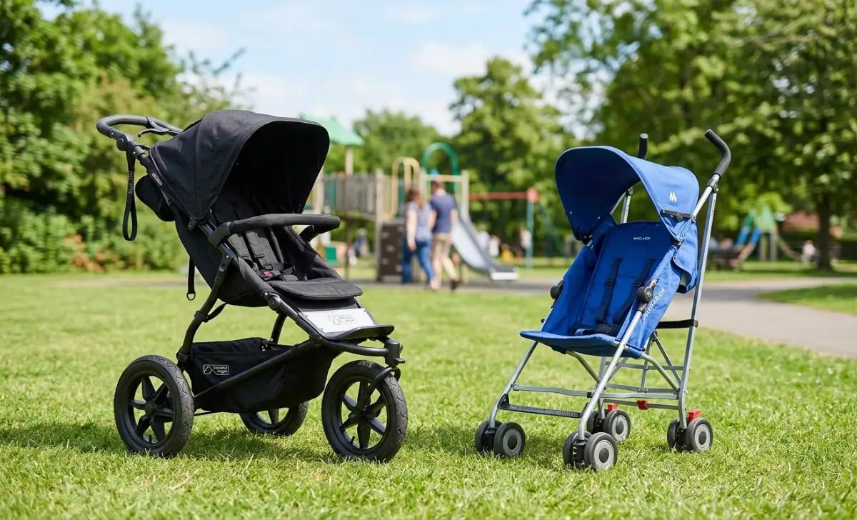Comparison of expensive jogging stroller and basic umbrella stroller for dad workouts