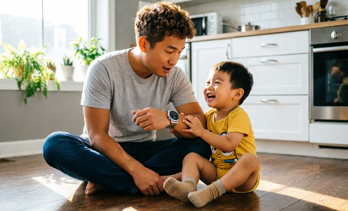 Toddler grabbing dad's Samsung Galaxy Watch wrist during best smartwatch for dads 2026 real life test