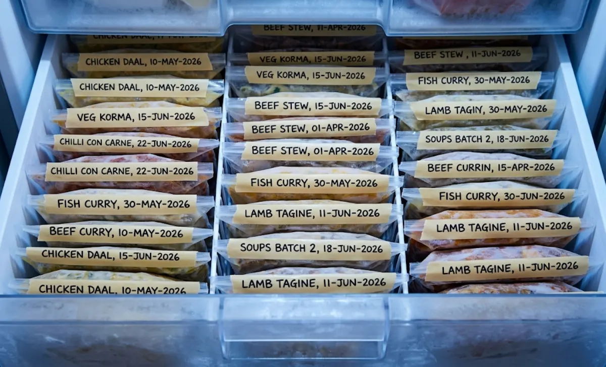 Stack of labeled freezer meal bags organized flat in a freezer drawer