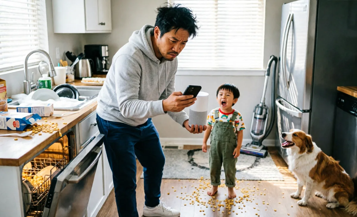 Dad testing smart speaker family home voice recognition with kids and vacuum noise