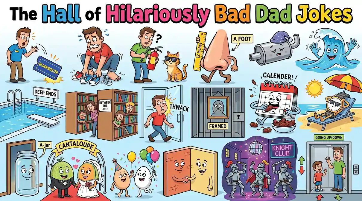 Funny cartoon banner featuring hilariously bad dad jokes with a Blockbuster card, a dad holding shoes, a burning cat misunderstanding, a sleepy muffler, a framed picture, medieval knights at a club, and other pun-filled comedy scenes.