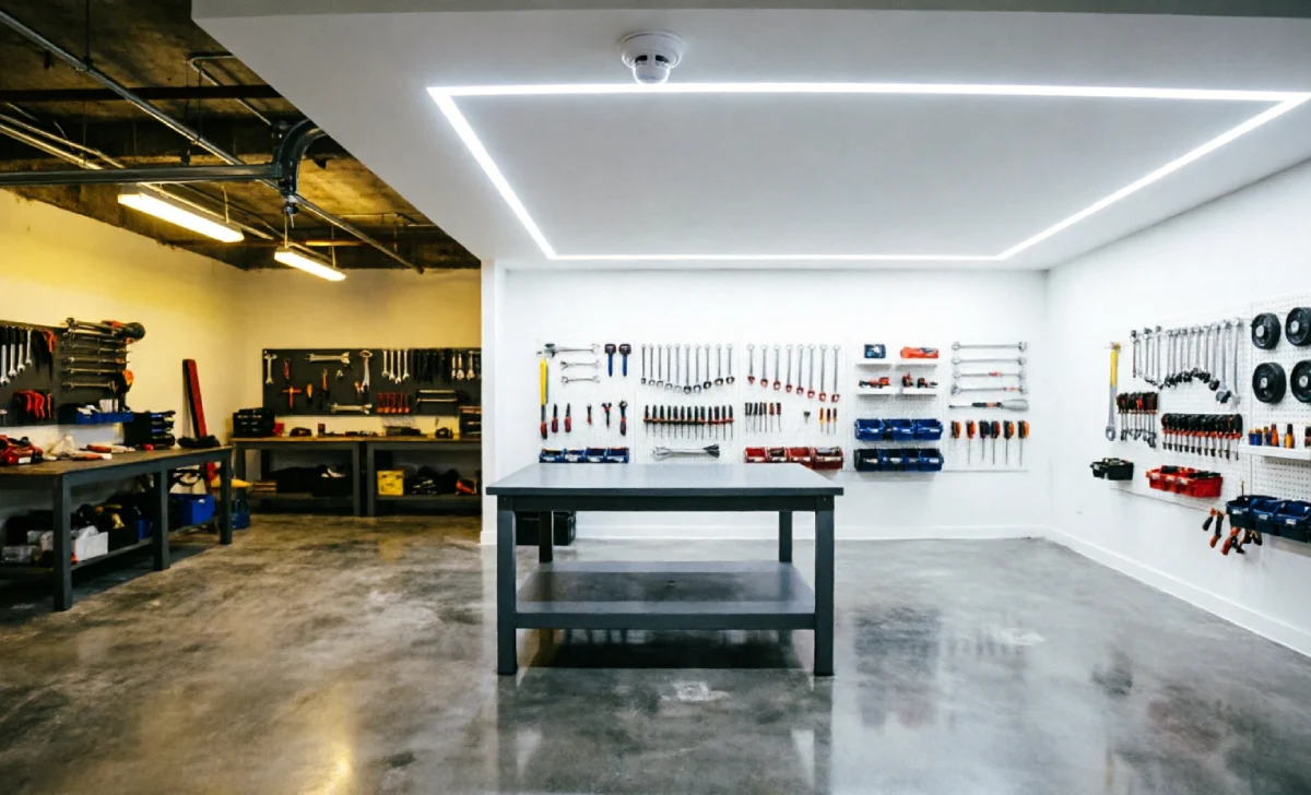 Motion-sensor LED lighting installation in organized garage showing bright workspace transformation with smart garage storage gadgets