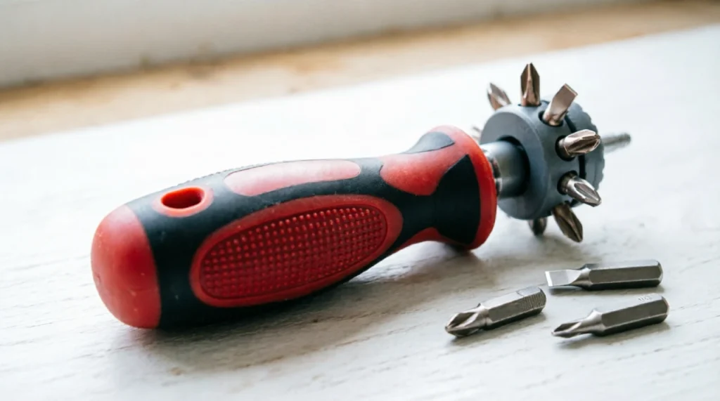 Multi-bit screwdriver with storage carousel, red handle, on a wooden surface.