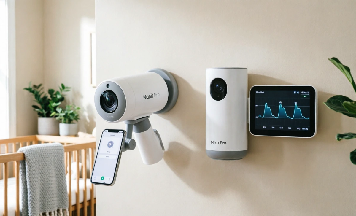 Nanit Pro vs Miku Pro baby monitor comparison showing breathing tracking technology and design differences for smart nursery gadgets setup