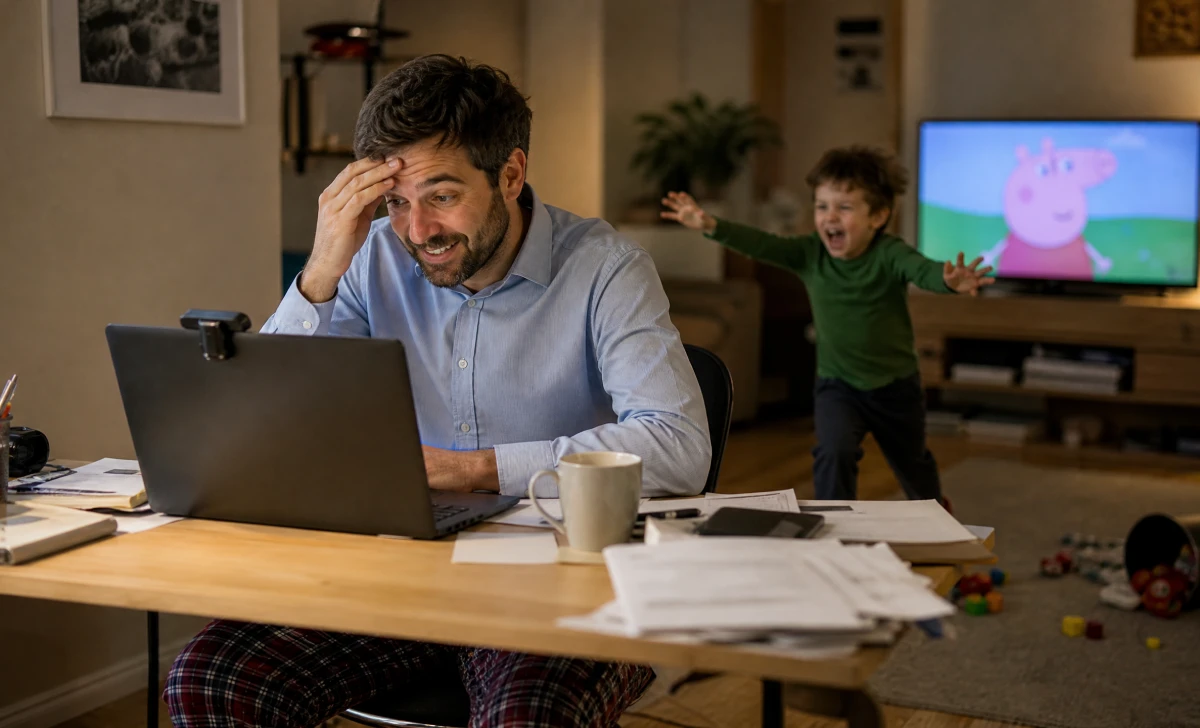 dad on Zoom call wearing noise canceling headphones dads use while child runs behind him at home