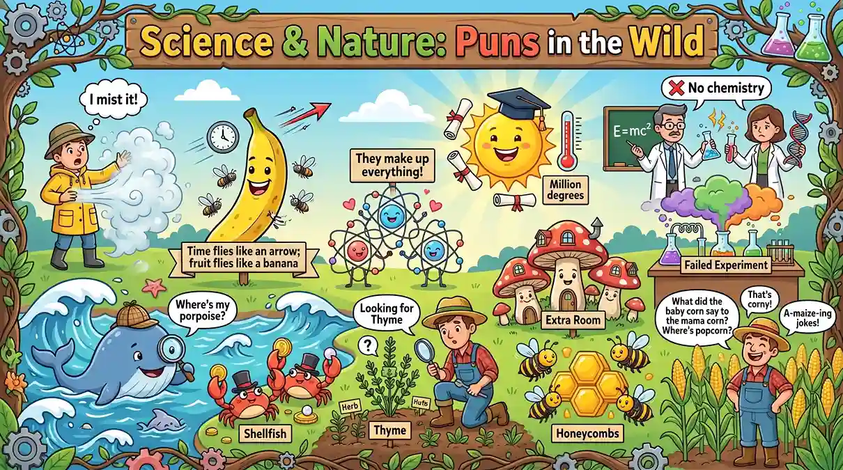Colorful cartoon banner featuring science and nature dad jokes with atoms, bees, whales, ocean waves, a physics teacher, a biology teacher, mushrooms, and other educational comedy scenes.