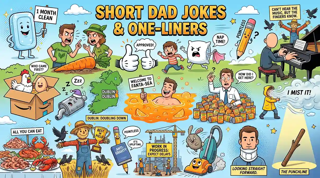 Funny cartoon banner featuring short dad jokes with soap, vegans arguing over vegetables, a chicken and egg delivery box, a tired car muffler, a scarecrow in a field, and other quick one-liner joke scenes.