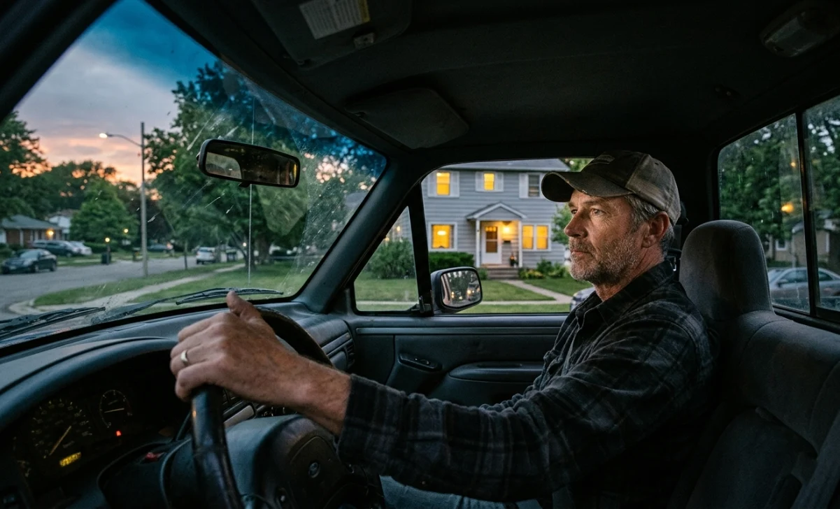 Single dad sitting in his truck before walking inside, taking a moment to reset
