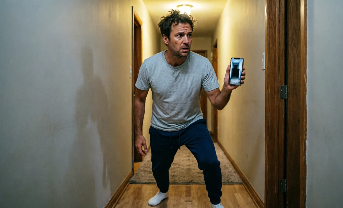Dad checking his phone at night to find his smart home security system camera feed has gone completely dead