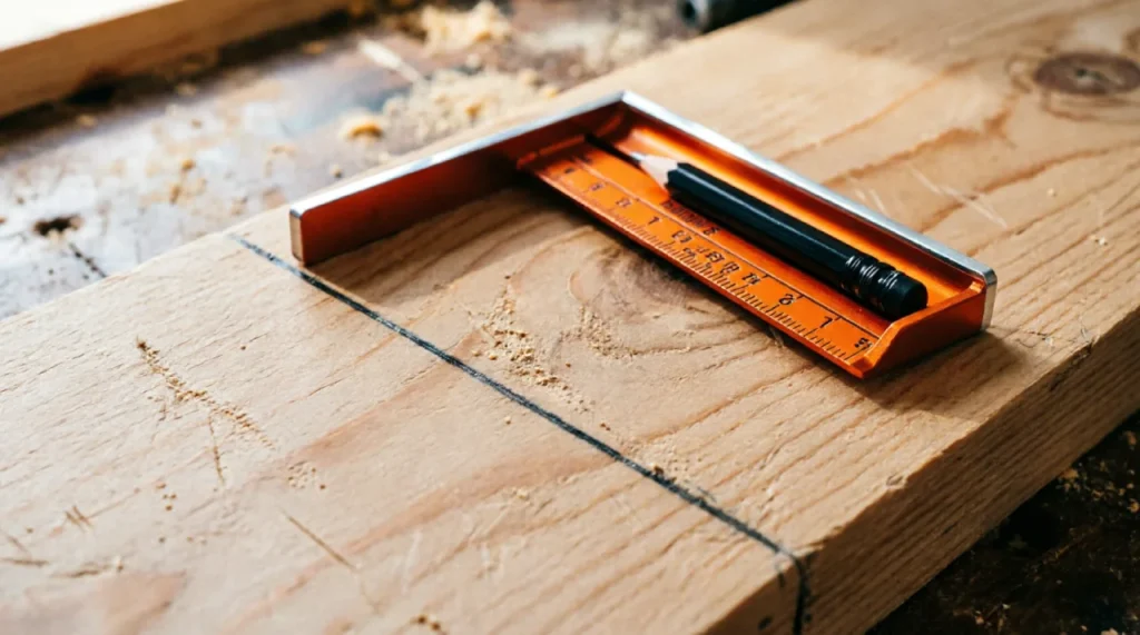 Orange speed square on a 2x4 board, with carpenter’s pencil marking a cut line.