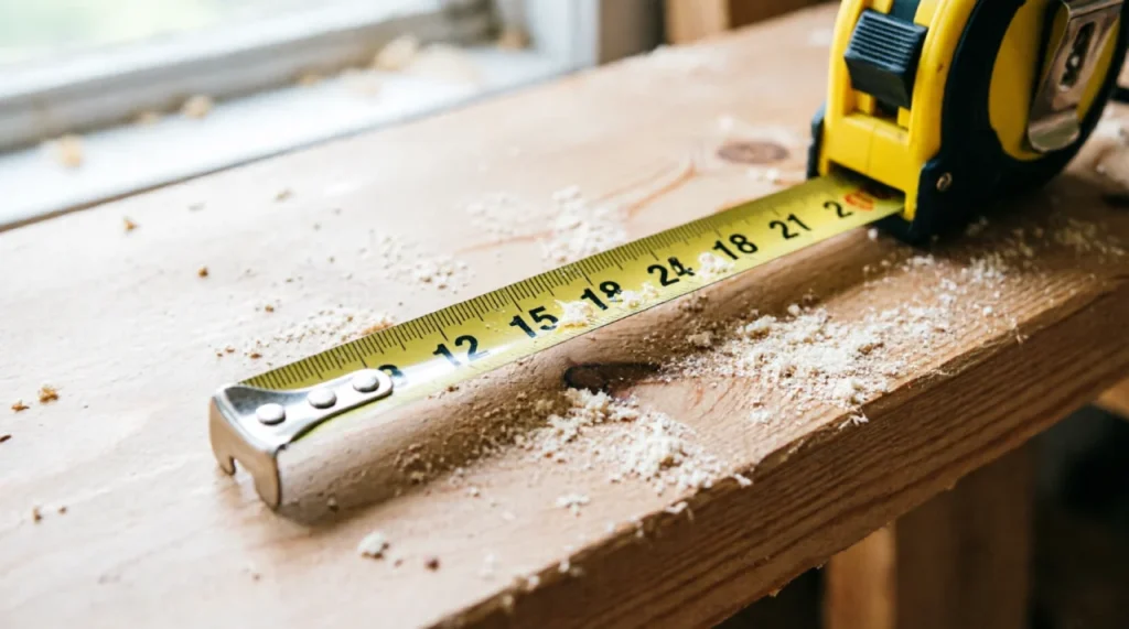 Yellow 25-foot tape measure extended on pine board, clear black measurement markings visible.