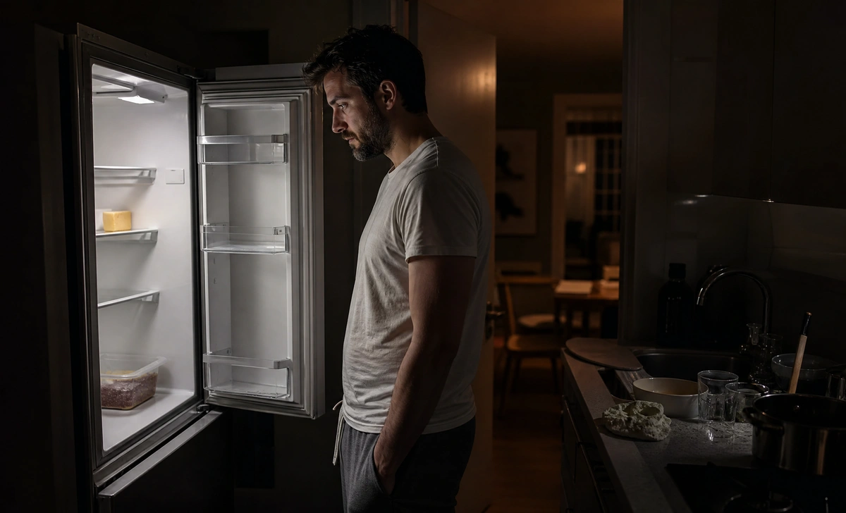 Tired dad standing at an open fridge late at night with nothing ready to eat — the moment every dad knows