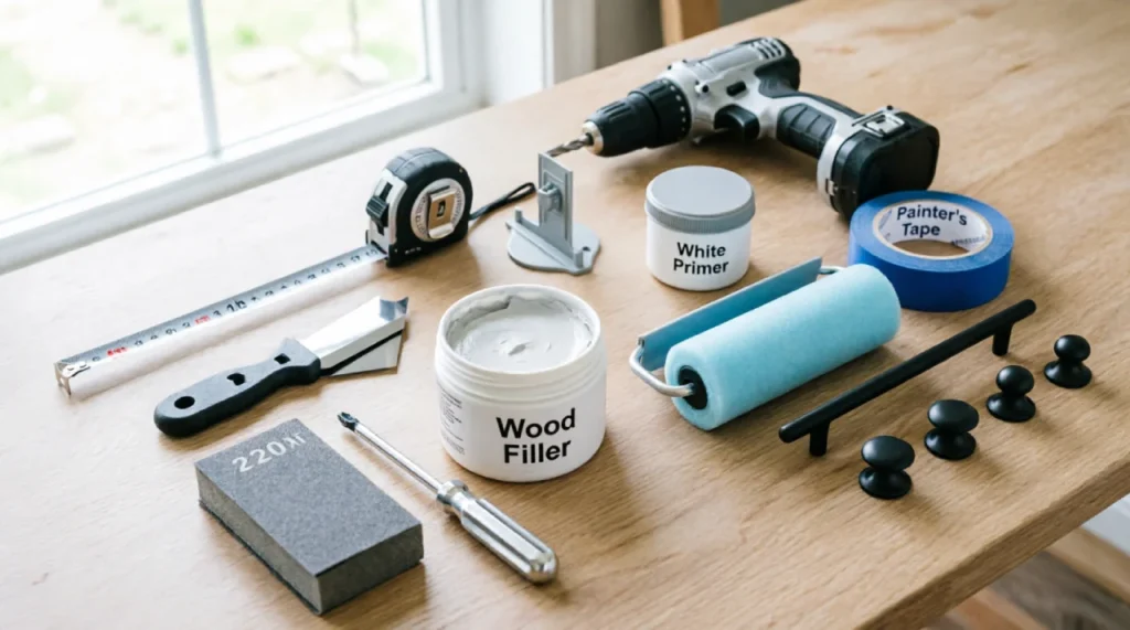 DIY tools and materials for replacing cabinet hardware, including screwdriver, wood filler, sanding block, drill, and matte black pulls.