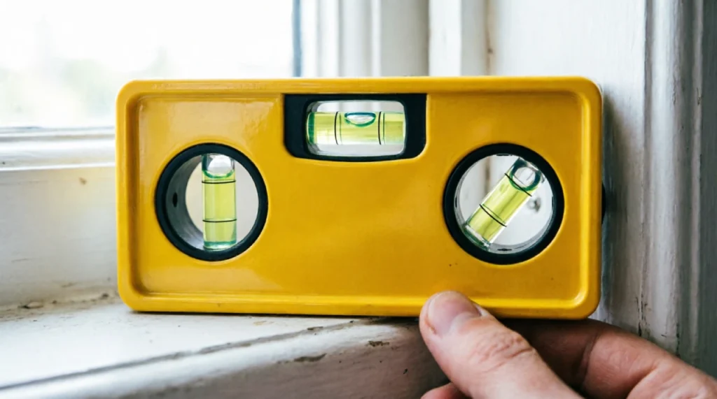 9-inch magnetic torpedo level with three centered bubble vials on a white door frame.