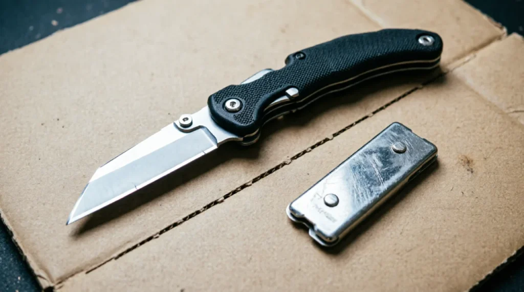 Retractable utility knife with extended blade, lying on cut cardboard.