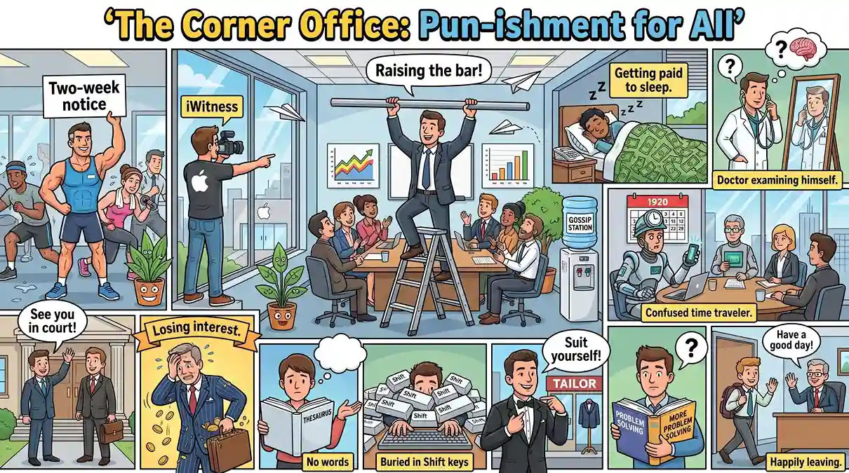 Humorous office-themed banner featuring workplace dad jokes with a businessman carrying a ladder, an employee sleeping at a desk, a banker losing interest, a keyboard factory worker, and other funny office scenes.
